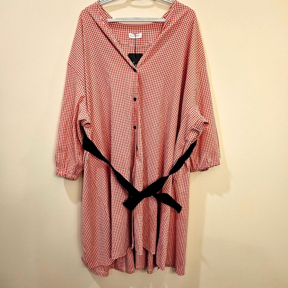 Ellazhu Womens Red White Gingham Long Oversized Button-Up Dress W/ Black Ribbon